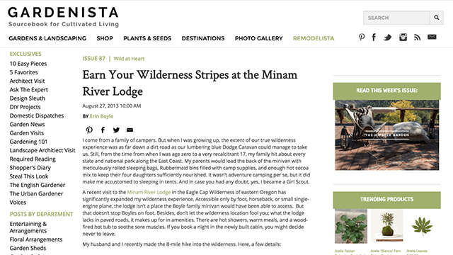 Gardenista – Earn Your Wilderness Stripes at the Minam River Lodge