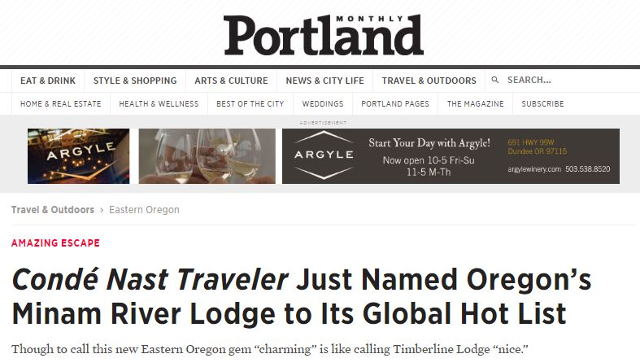 Portland Monthly – Conde Nast Traveler Just Named Oregon’s Minam River Lodge to Its Global Hot List